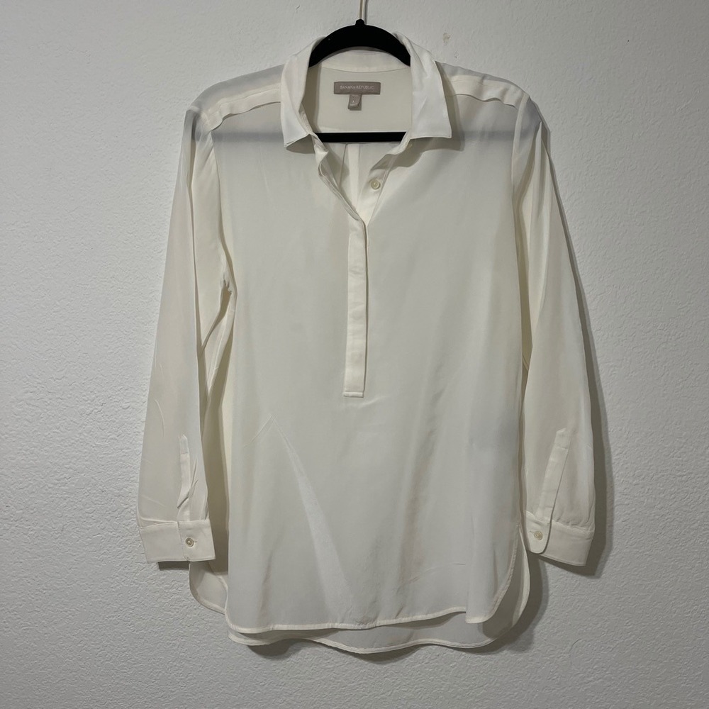 Banana Republic 100% Silk Ivory Popover Blouse Petite Large Classic Career Top